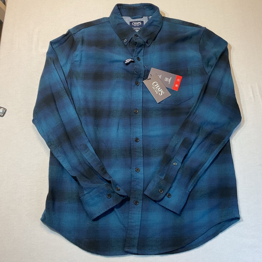 Chaps Est 1978 NWT Blue & Black Flannel Long Sleeve Button Up, Size M Stretch